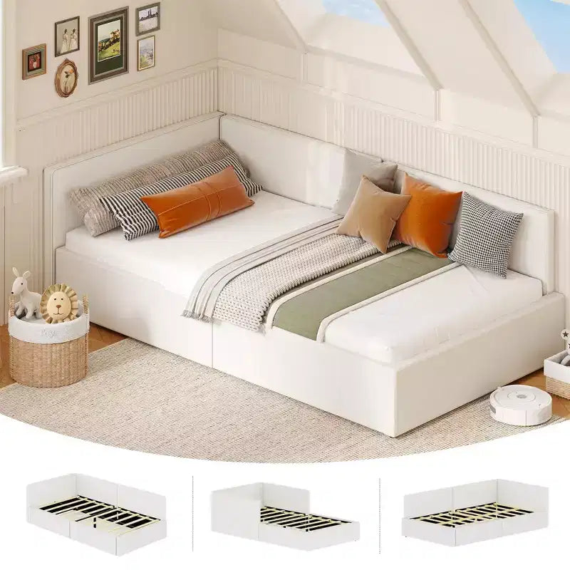 Canapé-lit d'angle double avec tête de lit capitonnée en velours, lit de repos avec barrière réglable pour chambre d'enfant, de garçon, de fille et chambre d'amis