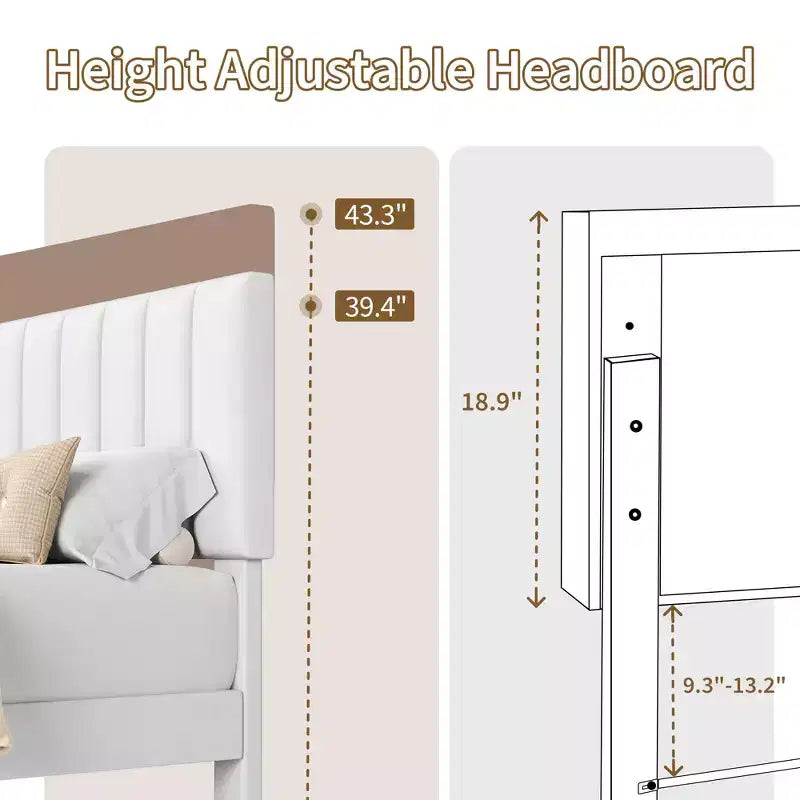 Lit plateforme rembourré avec tête de lit capitonnée réglable – Cadre de lit Queen sans bruit, lattes en bois robustes, aucun sommier tapissier requis – Disponible en format double