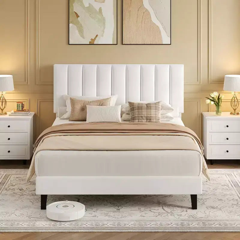 Lit plateforme rembourré avec tête de lit capitonnée réglable – Cadre de lit Queen sans bruit, lattes en bois robustes, aucun sommier tapissier requis – Disponible en format double