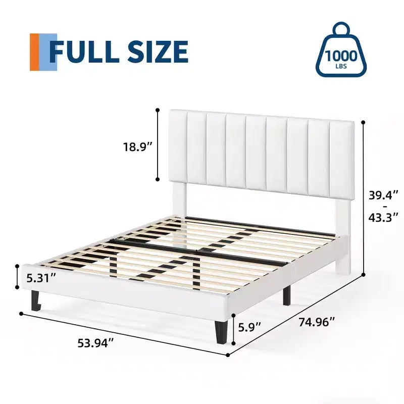 Lit plateforme rembourré avec tête de lit capitonnée réglable – Cadre de lit Queen sans bruit, lattes en bois robustes, aucun sommier tapissier requis – Disponible en format double