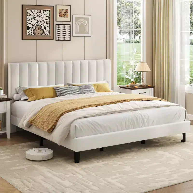 Lit plateforme rembourré avec tête de lit capitonnée réglable – Cadre de lit Queen sans bruit, lattes en bois robustes, aucun sommier tapissier requis – Disponible en format double