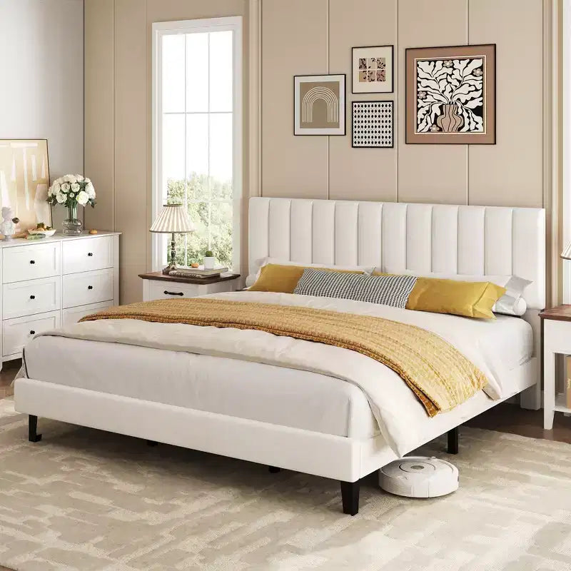 Lit plateforme rembourré avec tête de lit capitonnée réglable – Cadre de lit Queen sans bruit, lattes en bois robustes, aucun sommier tapissier requis – Disponible en format double