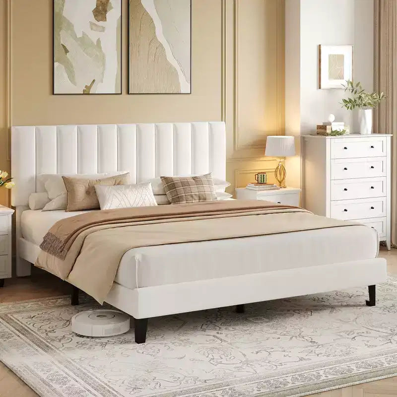 Lit plateforme rembourré avec tête de lit capitonnée réglable – Cadre de lit Queen sans bruit, lattes en bois robustes, aucun sommier tapissier requis – Disponible en format double