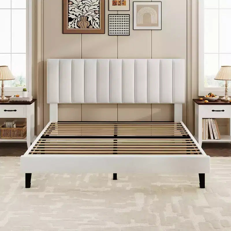 Lit plateforme rembourré avec tête de lit capitonnée réglable – Cadre de lit Queen sans bruit, lattes en bois robustes, aucun sommier tapissier requis – Disponible en format double