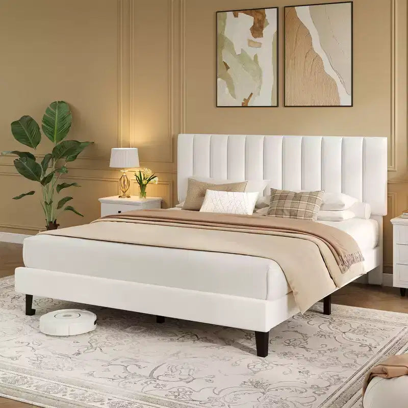 Lit plateforme rembourré avec tête de lit capitonnée réglable – Cadre de lit Queen sans bruit, lattes en bois robustes, aucun sommier tapissier requis – Disponible en format double