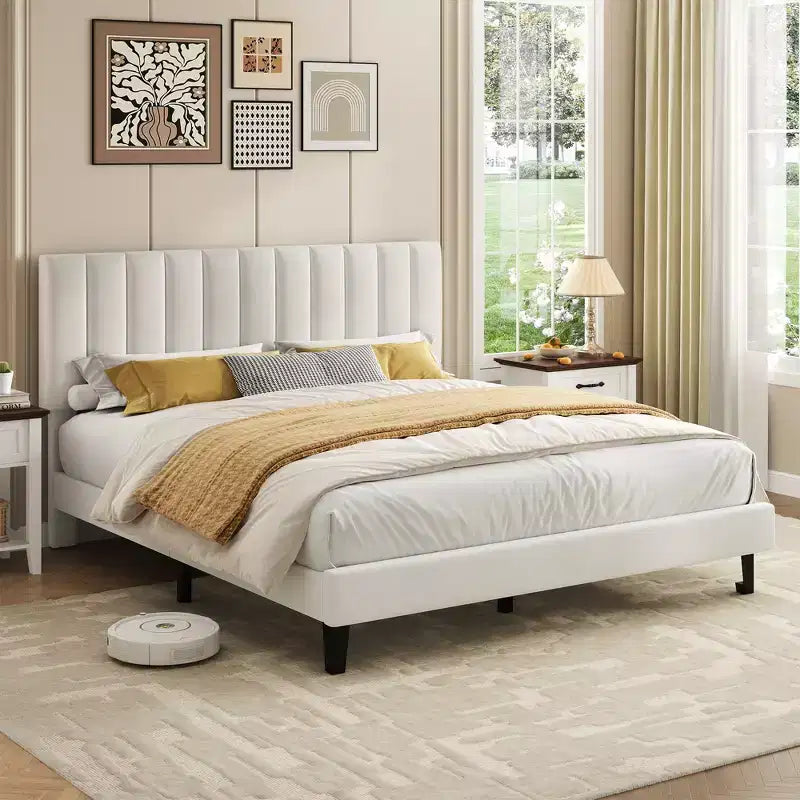 Lit plateforme rembourré avec tête de lit capitonnée réglable – Cadre de lit Queen sans bruit, lattes en bois robustes, aucun sommier tapissier requis – Disponible en format double