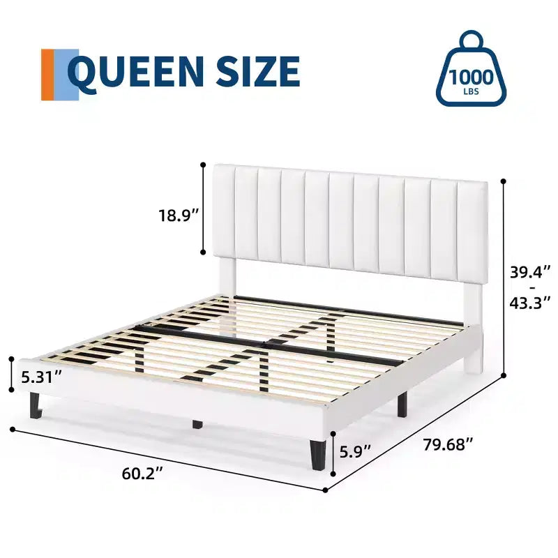 Lit plateforme rembourré avec tête de lit capitonnée réglable – Cadre de lit Queen sans bruit, lattes en bois robustes, aucun sommier tapissier requis – Disponible en format double