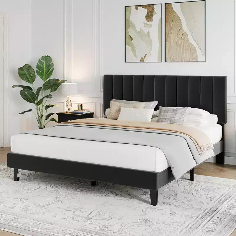 Lit plateforme rembourré avec tête de lit capitonnée réglable – Cadre de lit Queen sans bruit, lattes en bois robustes, aucun sommier tapissier requis – Disponible en format double