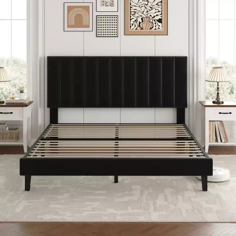 Lit plateforme rembourré avec tête de lit capitonnée réglable – Cadre de lit Queen sans bruit, lattes en bois robustes, aucun sommier tapissier requis – Disponible en format double