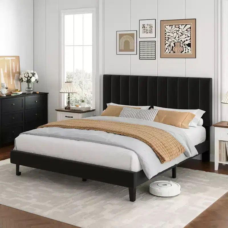 Lit plateforme rembourré avec tête de lit capitonnée réglable – Cadre de lit Queen sans bruit, lattes en bois robustes, aucun sommier tapissier requis – Disponible en format double
