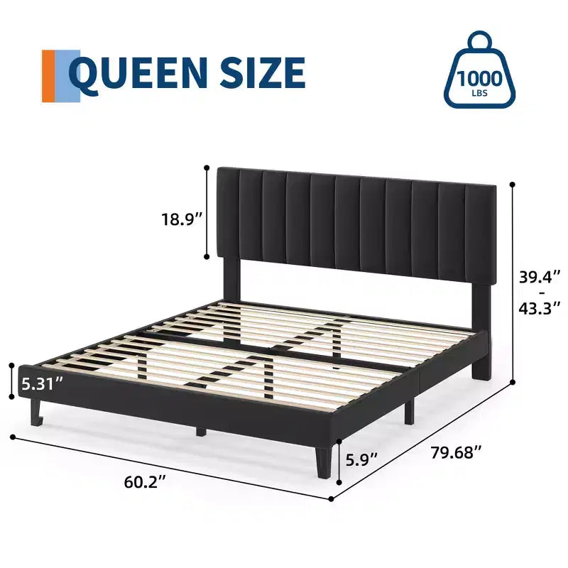 Lit plateforme rembourré avec tête de lit capitonnée réglable – Cadre de lit Queen sans bruit, lattes en bois robustes, aucun sommier tapissier requis – Disponible en format double