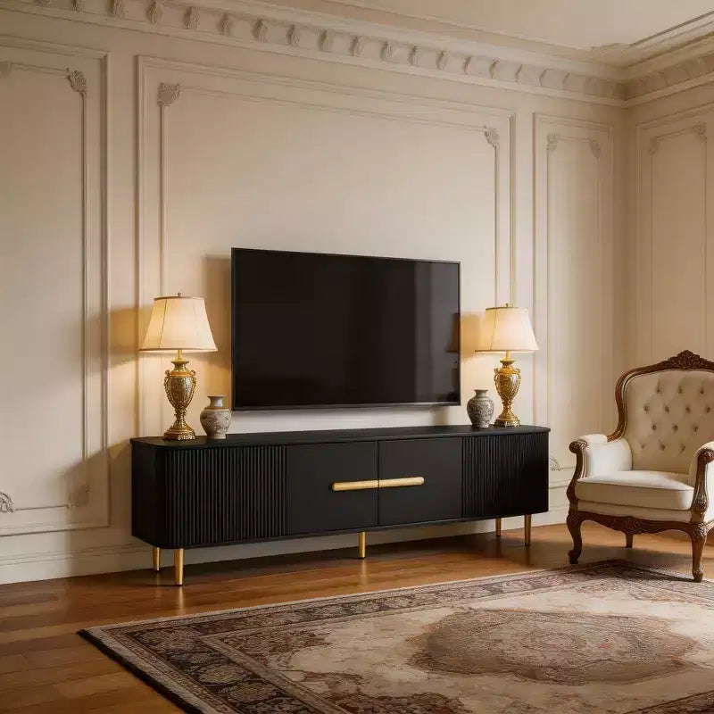 JVNOXK Meuble TV Minimaliste 78,7'' pour TV jusqu'à 85 Pouces, Meuble TV Moderne avec 4 Armoires Spacieuses pour Salon