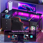 Qwatto Bureau de jeu 132 cm avec station de charge et éclairage, bureau d'ordinateur réversible, 4 tiroirs, meuble de rangement pour dossiers, étagères de rangement pour imprimante, support d'écran, finition noire