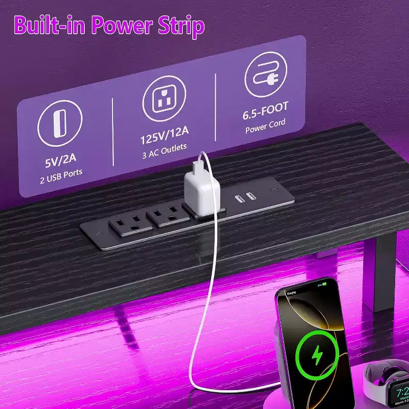 Qwatto Bureau de jeu 132 cm avec station de charge et éclairage, bureau d'ordinateur réversible, 4 tiroirs, meuble de rangement pour dossiers, étagères de rangement pour imprimante, support d'écran, finition noire