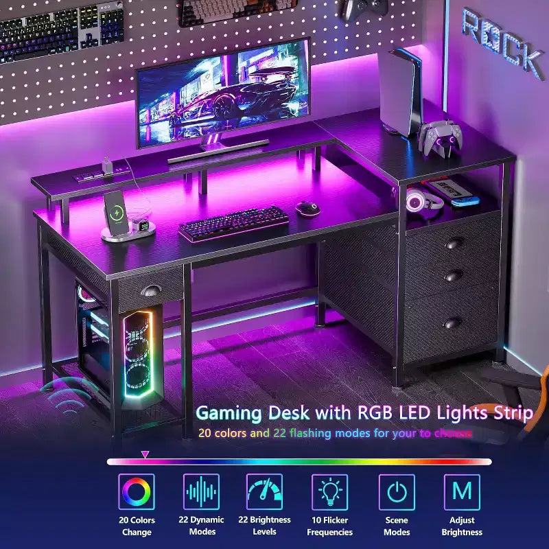 Qwatto Bureau de jeu 132 cm avec station de charge et éclairage, bureau d'ordinateur réversible, 4 tiroirs, meuble de rangement pour dossiers, étagères de rangement pour imprimante, support d'écran, finition noire