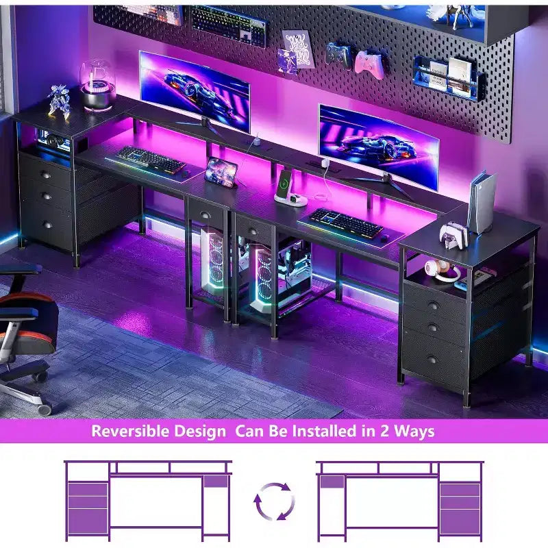 Qwatto Bureau de jeu 132 cm avec station de charge et éclairage, bureau d'ordinateur réversible, 4 tiroirs, meuble de rangement pour dossiers, étagères de rangement pour imprimante, support d'écran, finition noire