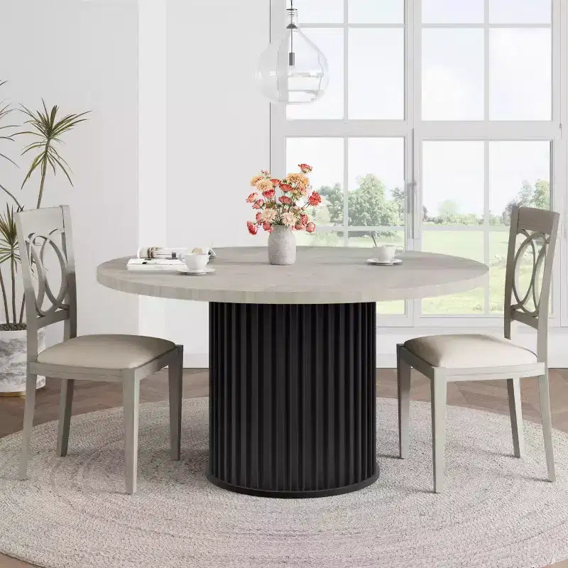 47 grande table à manger ronde pour 4-6 personnes, table de cuisine en bois avec base piédestal métallique ondulée robuste pour la maison et la salle à manger