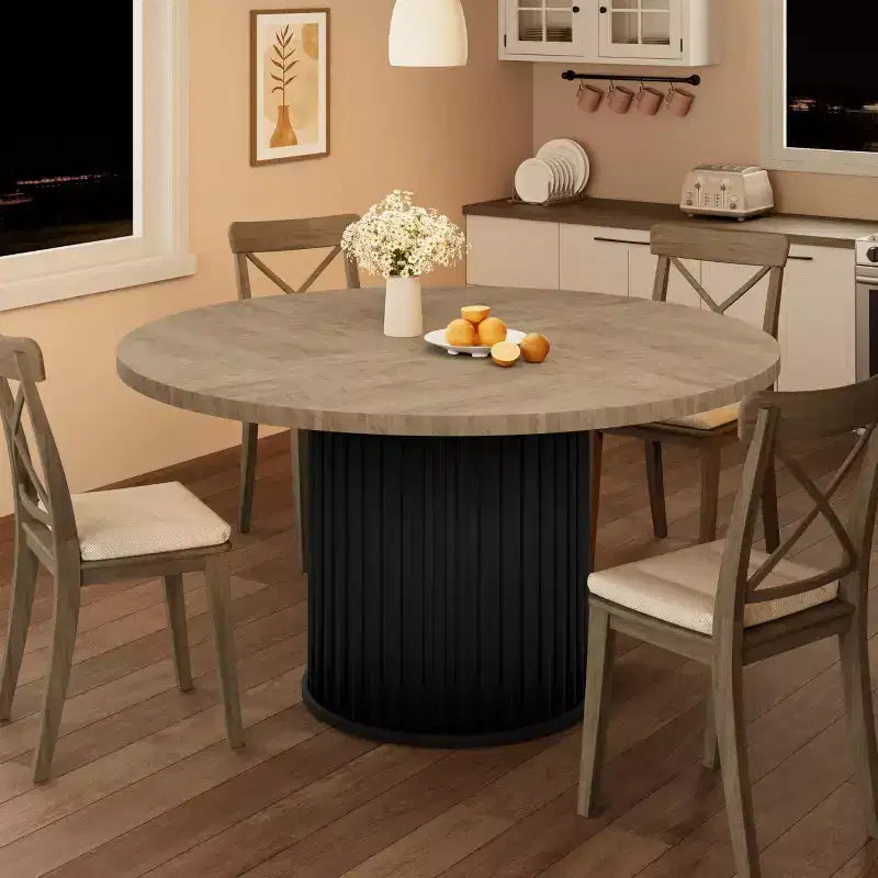 47 grande table à manger ronde pour 4-6 personnes, table de cuisine en bois avec base piédestal métallique ondulée robuste pour la maison et la salle à manger