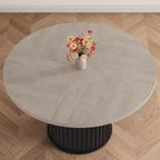 47 grande table à manger ronde pour 4-6 personnes, table de cuisine en bois avec base piédestal métallique ondulée robuste pour la maison et la salle à manger