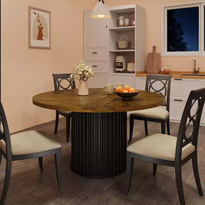 47 grande table à manger ronde pour 4-6 personnes, table de cuisine en bois avec base piédestal métallique ondulée robuste pour la maison et la salle à manger