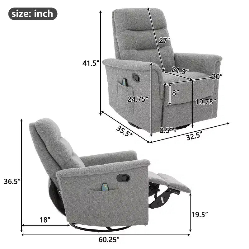 Fauteuil inclinable manuel rembourré en bouclette moderne, fauteuil inclinable berçant pivotant avec massage et dossier réglable pour salon-Panipeachy