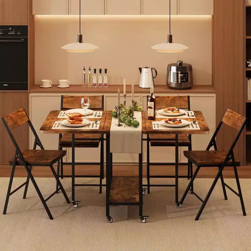 47 Ensemble de salle à manger pliant 5 pièces de style ferme pour 4 personnes - Table pliante en bois sur roulettes et 4 chaises pliantes - Cadre en acier robuste, peu encombrant pour appartement