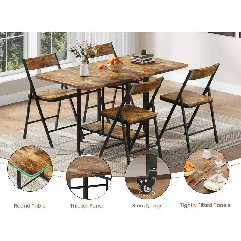 47 Ensemble de salle à manger pliant 5 pièces de style ferme pour 4 personnes - Table pliante en bois sur roulettes et 4 chaises pliantes - Cadre en acier robuste, peu encombrant pour appartement