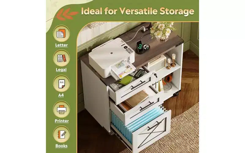 Classeur en bois DEXYLLO avec station de recharge, classeur latéral mobile avec serrure pour bureau à domicile