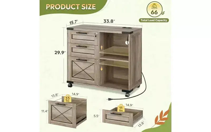 Classeur en bois DEXYLLO avec station de recharge, classeur latéral mobile avec serrure pour bureau à domicile