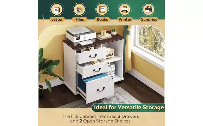 Meuble de classement DEXYLLO à 3 tiroirs, meuble de classement latéral en bois avec serrure et station de charge, support d'imprimante roulant avec rangement pour le bureau à domicile