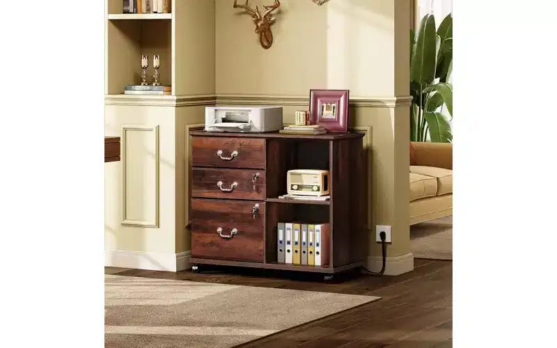 Meuble de classement DEXYLLO à 3 tiroirs, meuble de classement latéral en bois avec serrure et station de charge, support d'imprimante roulant avec rangement pour le bureau à domicile