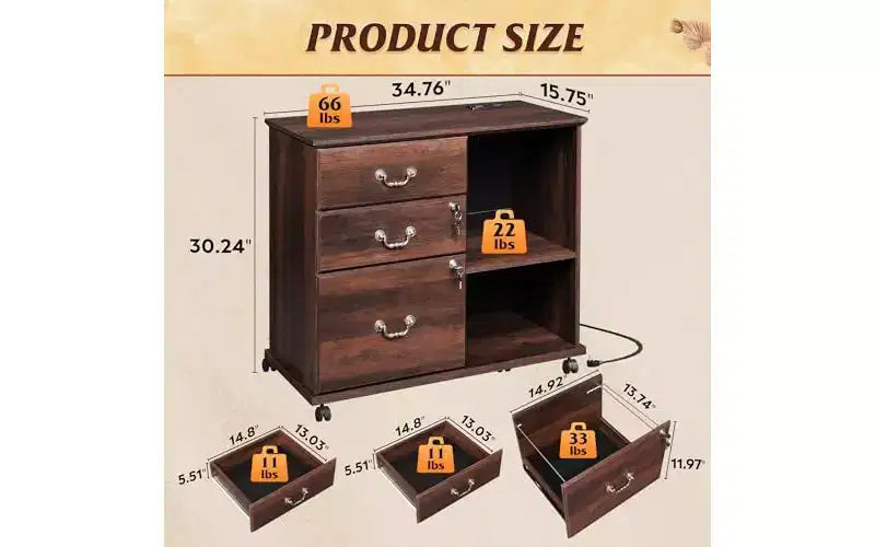 Meuble de classement DEXYLLO à 3 tiroirs, meuble de classement latéral en bois avec serrure et station de charge, support d'imprimante roulant avec rangement pour le bureau à domicile