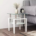 Table basse en verre trempé blanc transparent de 45 cm, table d'appoint carrée à 2 niveaux avec pieds en métal pour salon chambre