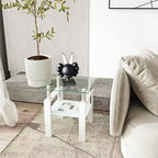Table basse en verre trempé blanc transparent de 45 cm, table d'appoint carrée à 2 niveaux avec pieds en métal pour salon chambre