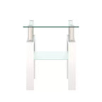 Table basse en verre trempé blanc transparent de 45 cm, table d'appoint carrée à 2 niveaux avec pieds en métal pour salon chambre