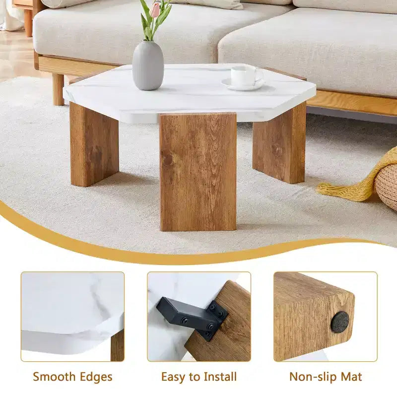 Table basse hexagonale en marbre blanc 31, base triangulaire en panneaux écologiques haute densité supportant jusqu'à 113 kg