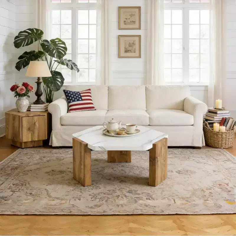 Table basse hexagonale en marbre blanc 31, base triangulaire en panneaux écologiques haute densité supportant jusqu'à 113 kg