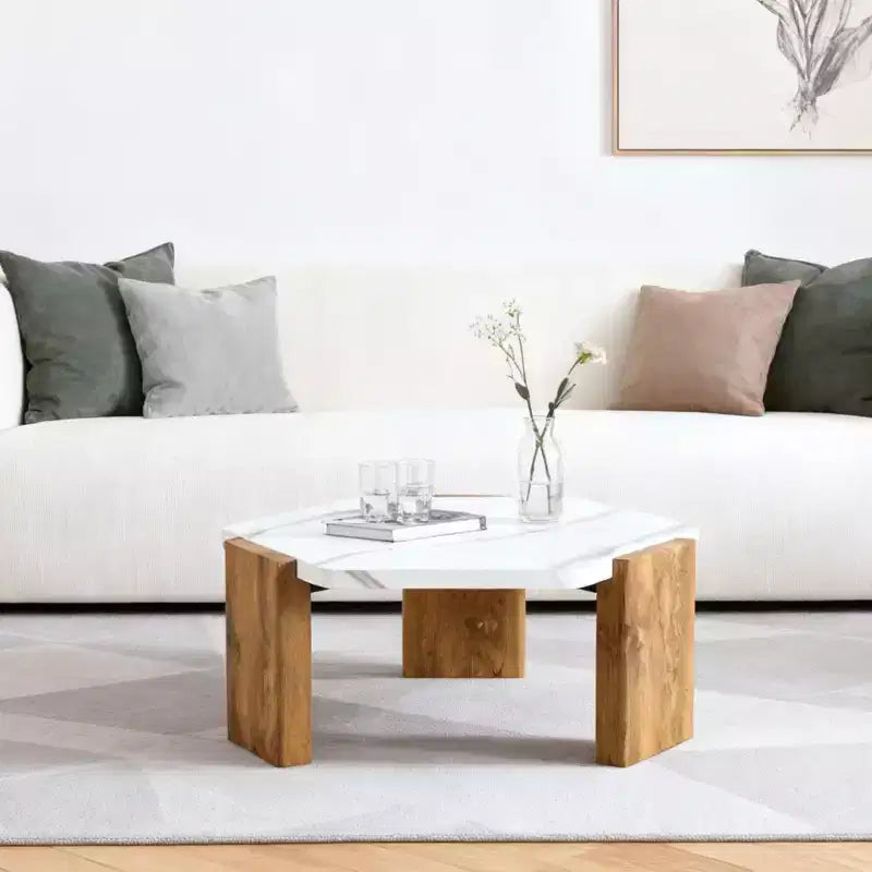 Table basse hexagonale en marbre blanc 31, base triangulaire en panneaux écologiques haute densité supportant jusqu'à 113 kg