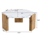 Table basse hexagonale en marbre blanc 31, base triangulaire en panneaux écologiques haute densité supportant jusqu'à 113 kg