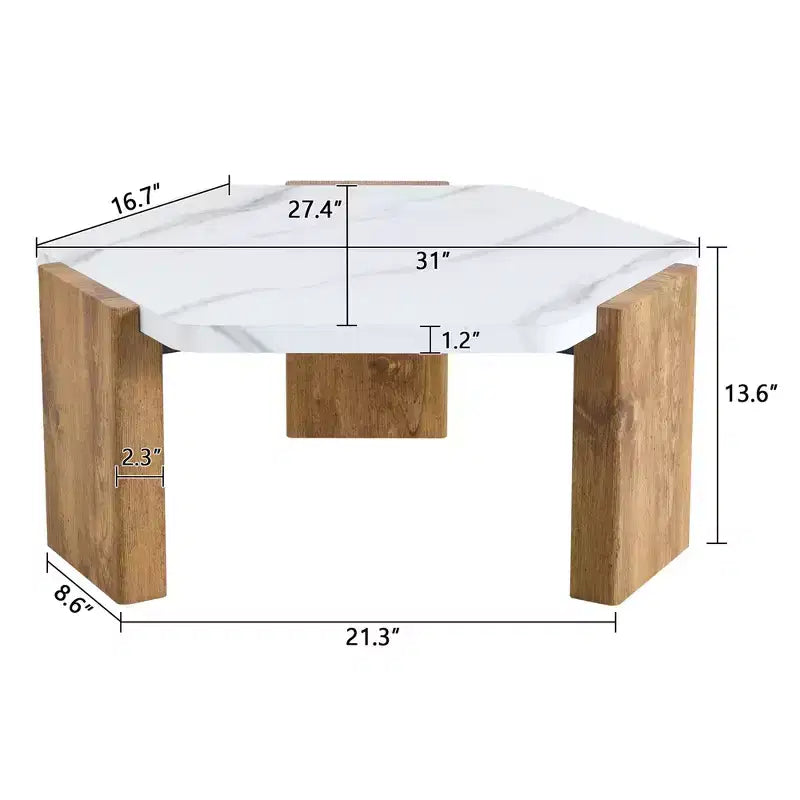 Table basse hexagonale en marbre blanc 31, base triangulaire en panneaux écologiques haute densité supportant jusqu'à 113 kg