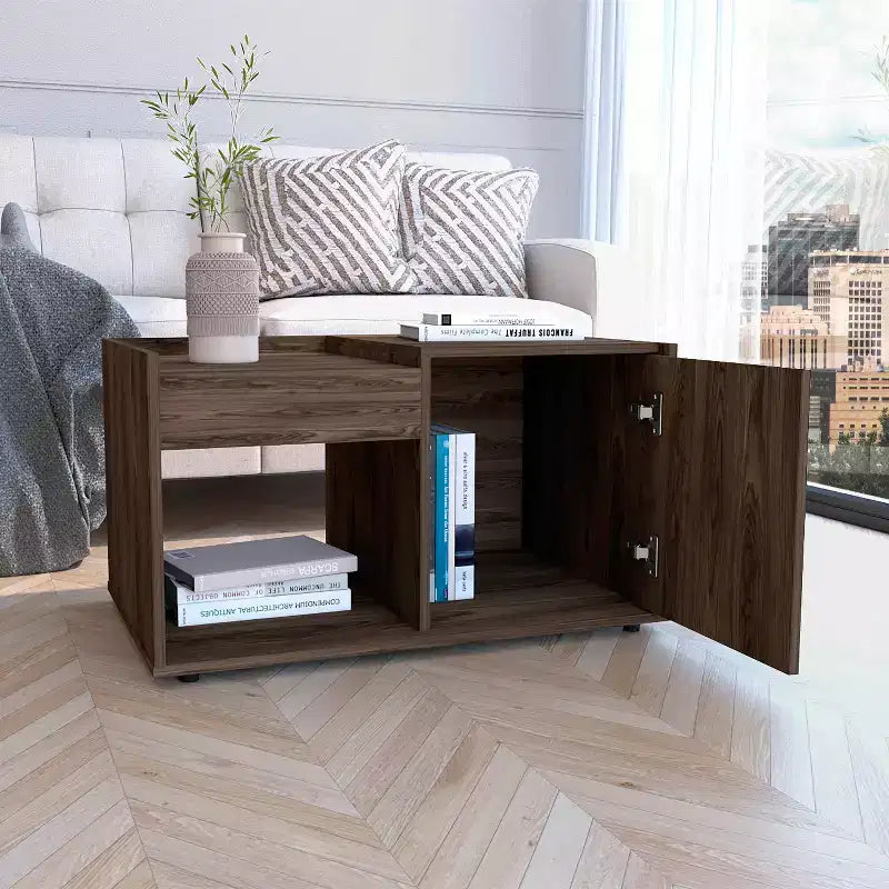 Table basse Lyon en noyer foncé, meuble à une porte, une étagère ouverte, grande surface de présentation pour salon
