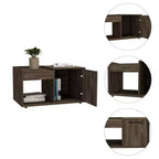 Table basse Lyon en noyer foncé, meuble à une porte, une étagère ouverte, grande surface de présentation pour salon