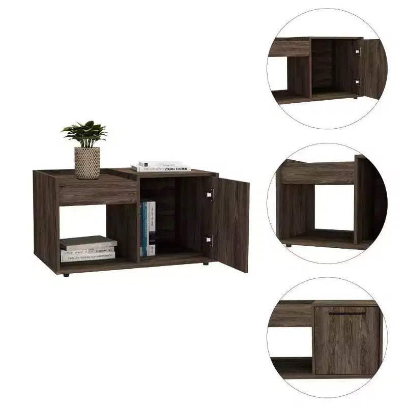 Table basse Lyon en noyer foncé, meuble à une porte, une étagère ouverte, grande surface de présentation pour salon