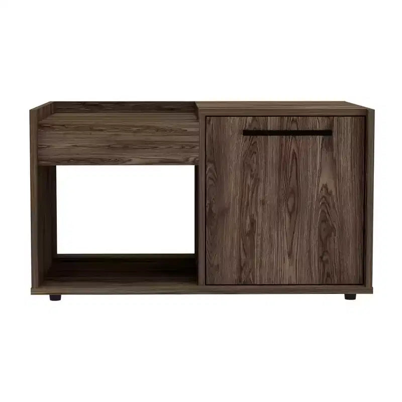 Table basse Lyon en noyer foncé, meuble à une porte, une étagère ouverte, grande surface de présentation pour salon