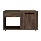 Table basse Lyon en noyer foncé, meuble à une porte, une étagère ouverte, grande surface de présentation pour salon