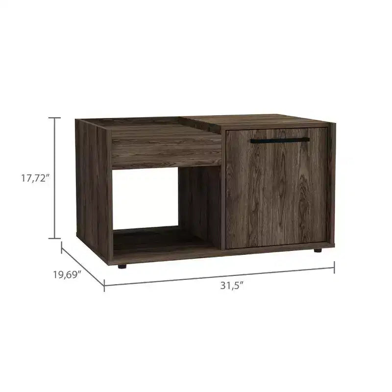 Table basse Lyon en noyer foncé, meuble à une porte, une étagère ouverte, grande surface de présentation pour salon
