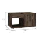 Table basse Lyon en noyer foncé, meuble à une porte, une étagère ouverte, grande surface de présentation pour salon