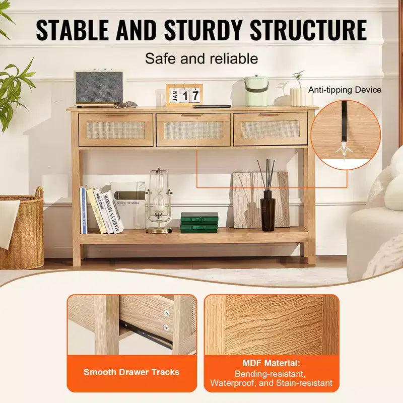 Console GDFStudio Leonid moderne en bois et rotin avec 3 tiroirs