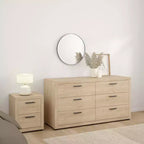 Tvilum, Ensemble de chambre à coucher 3 pièces Mira – Commode double à 6 tiroirs et ensemble de 2 tables de nuit, Jackson Hickory