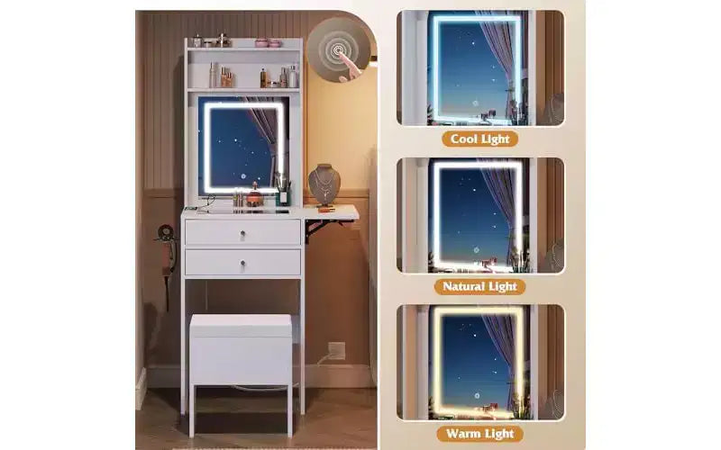 DEXYLLO Petite coiffeuse avec miroir et lumières réglables, ensemble coiffeuse de maquillage avec panneau rabattable et chaise